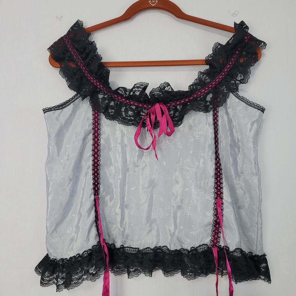 Vintage Paisley Silver Satin Black Lace Hem Camisole size OS 90s Victorian USA